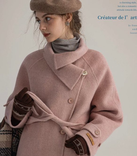 2wayスタントカラー　アシンメトリー　エレガント手縫いロングコート　ウエストベルト【冬春秋】グレイッシュピンク 3枚目の画像