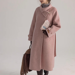 2wayスタントカラー　アシンメトリー　エレガント手縫いロングコート　ウエストベルト【冬春秋】グレイッシュピンク 6枚目の画像