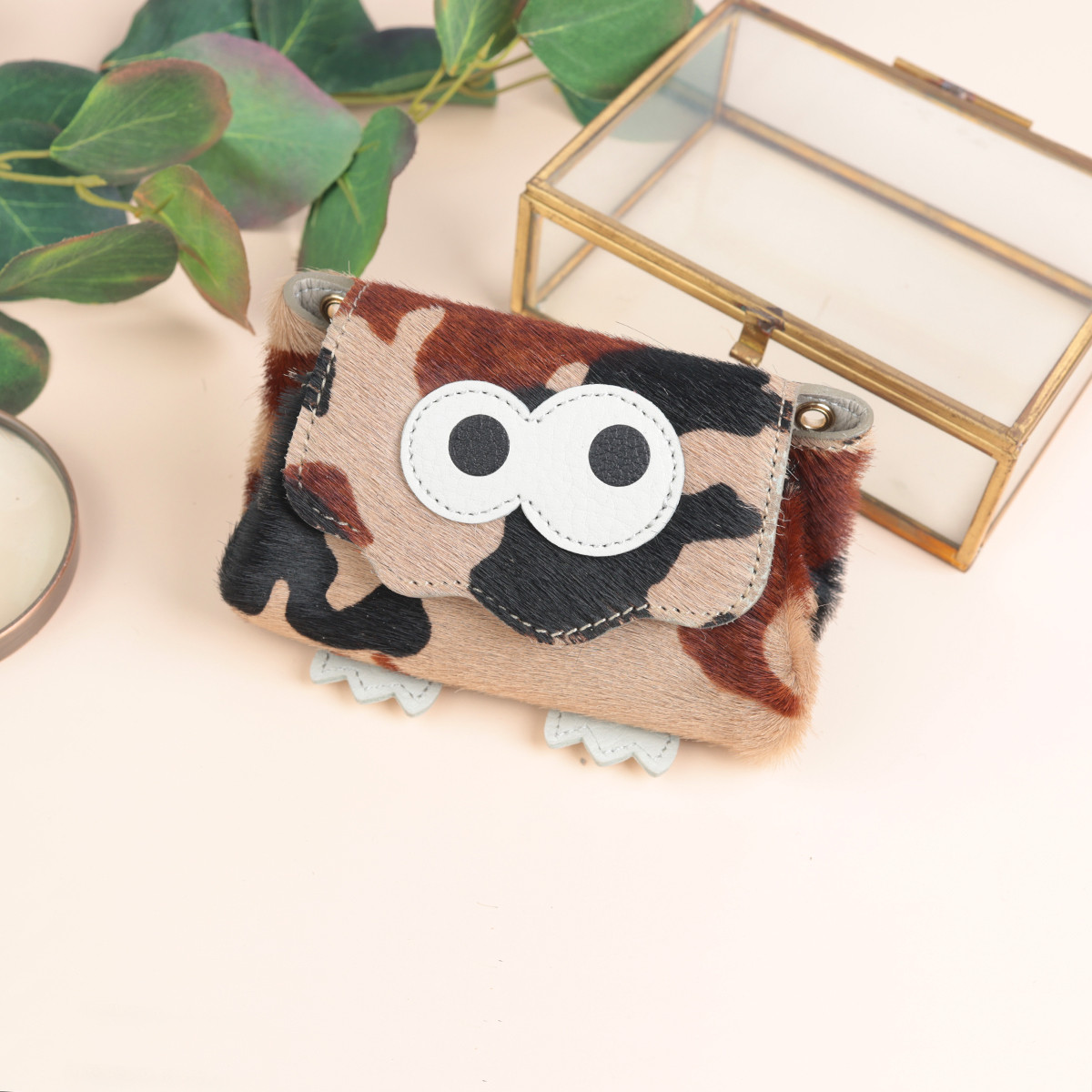 【毛付きカモ×キャメル/キョロメ/オールインミニウォレット】身軽にキメるミニ財布/コンパクト/ハラコ【DOOON】