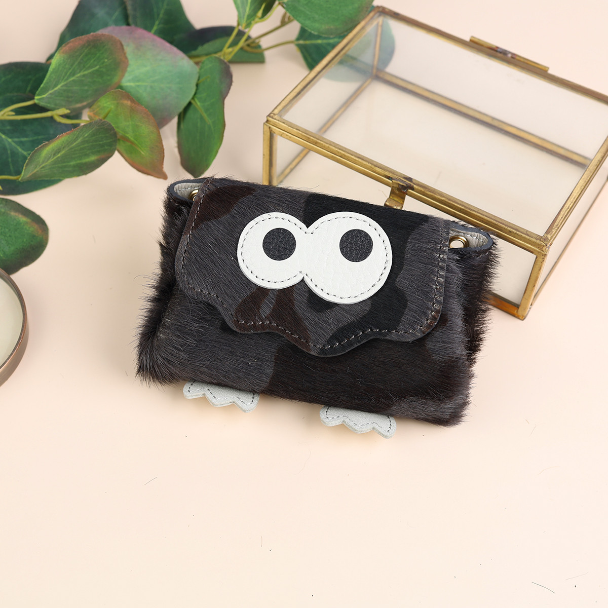 【毛付きカモ×グレイ/キョロメ/オールインミニウォレット】身軽にキメるミニ財布/コンパクト/ハラコ【DOOON】