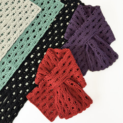 ミニマフラー 花模様 幾何学模様 穴あき 通し穴 ショート丈 手編み