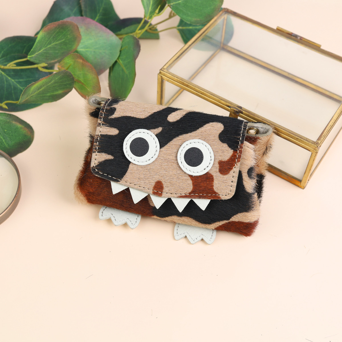 【毛付きカモ×キャメル/モンスター/オールインミニウォレット】身軽にキメるミニ財布/コンパクト/ハラコ【DOOON】