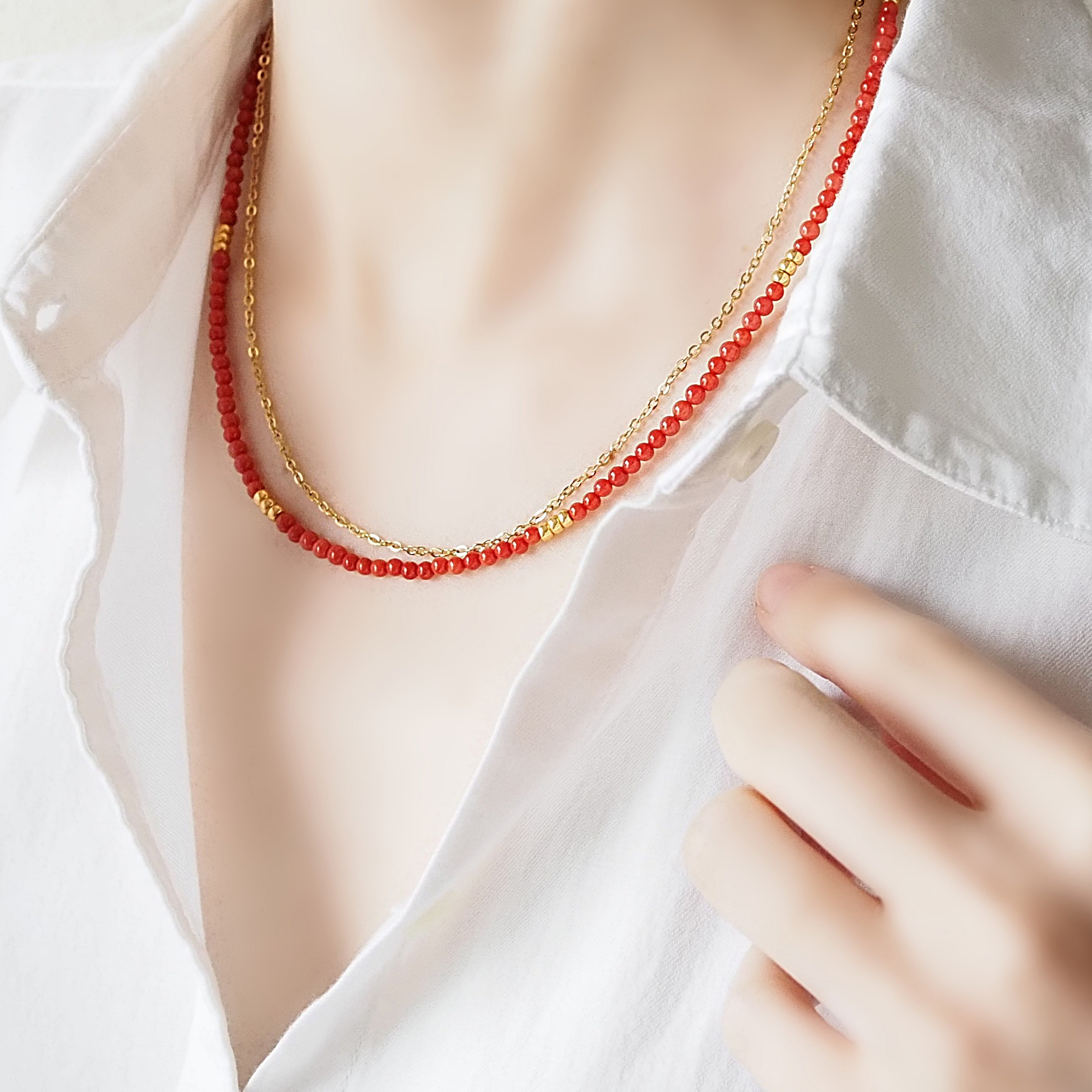 赤珊瑚とサージカルステンレスの2連ネックレス＊14kgf/S925マグネット留具　ゴールド/シルバー