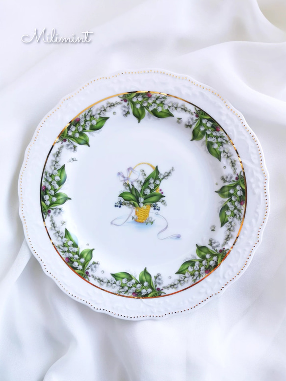 【受注制作】すずらんバスケット19.4cmプレート　鈴蘭　スズラン　花籠　お皿 1枚目の画像