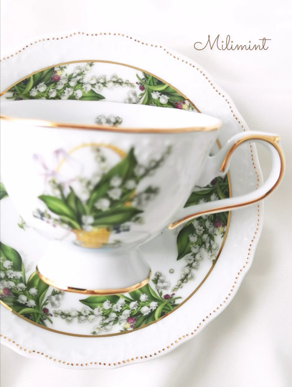 【受注制作】すずらんバスケット ティーセット(カップ＆ソーサー1点、プレート1点)　鈴蘭　スズラン　小花柄　すずらん花籠 5枚目の画像