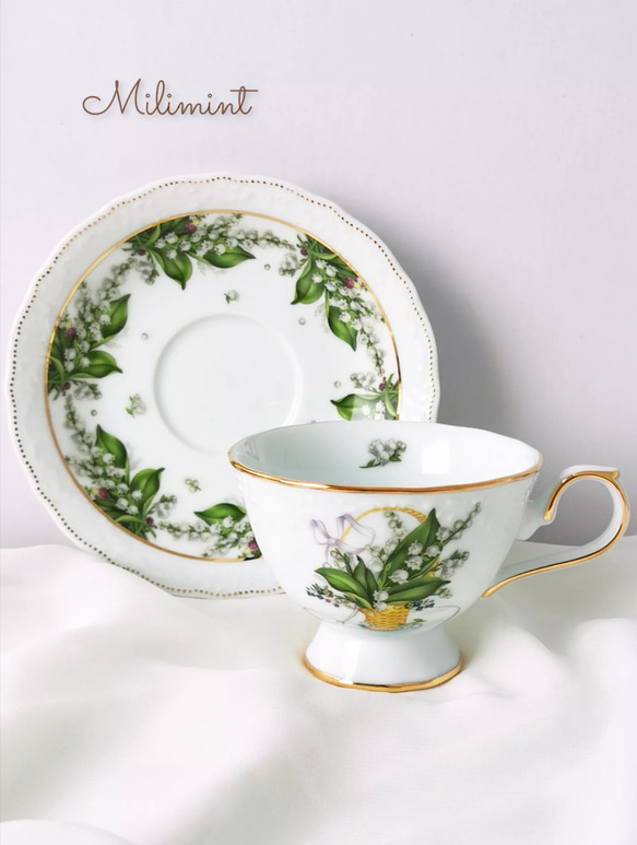 【受注制作】すずらんバスケット ティーセット(カップ＆ソーサー1点、プレート1点)　鈴蘭　スズラン　小花柄　すずらん花籠 6枚目の画像