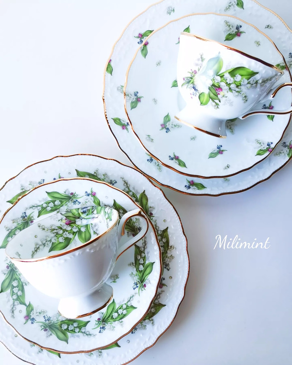 【受注制作】すずらんバスケット ティーセット(カップ＆ソーサー1点、プレート1点)　鈴蘭　スズラン　小花柄　すずらん花籠 8枚目の画像