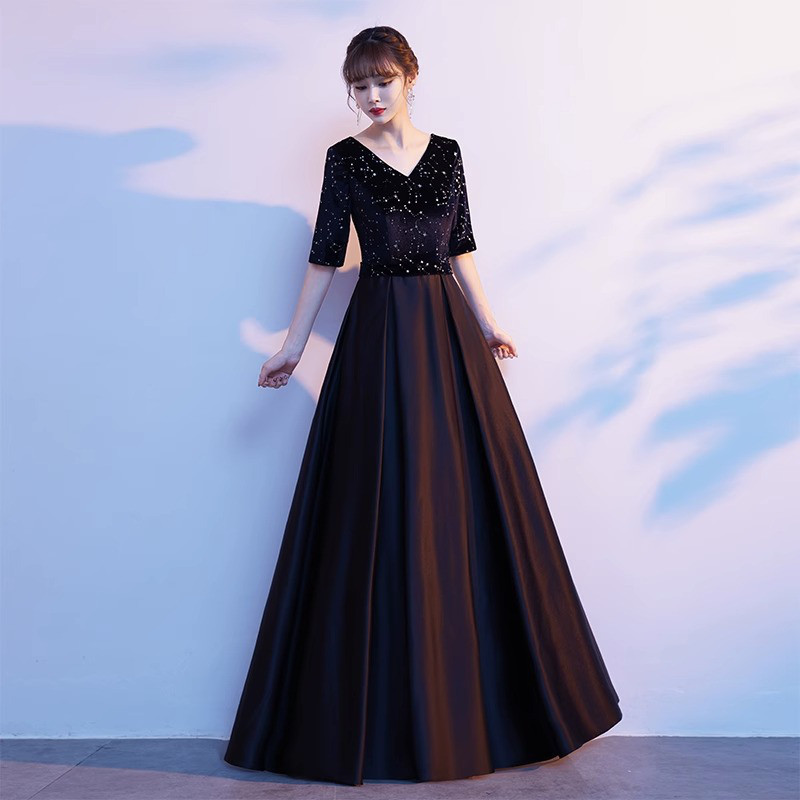 半袖 黒 赤 青 きらきら パーティードレス シンプル パーティー 演奏会 二次会 前撮り HL251