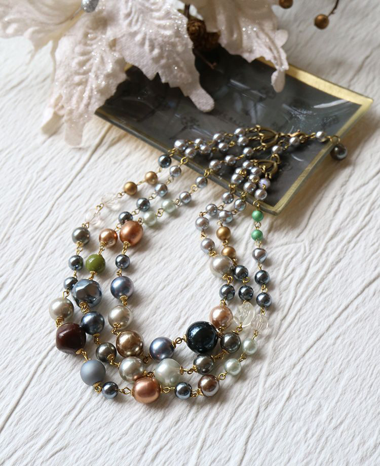 Xm-6 ヴィンテージビーズ＆パールの3連ネックレスキット