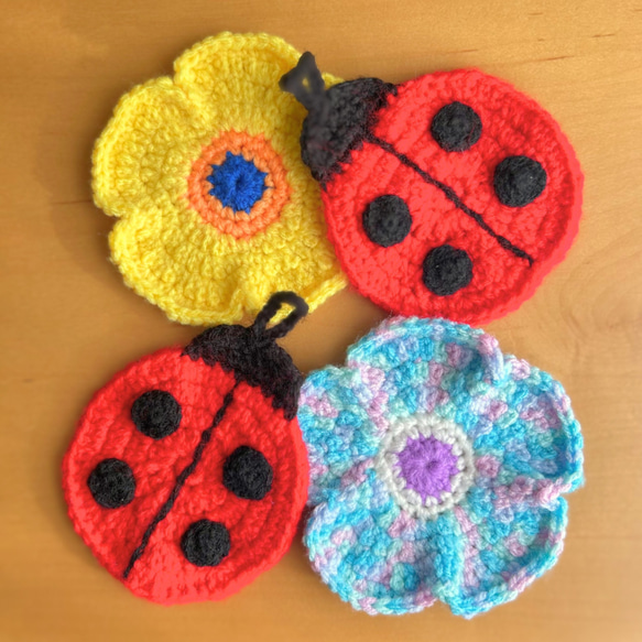 花とてんとう虫 2個セット アクリルたわし 4個セット エコたわし