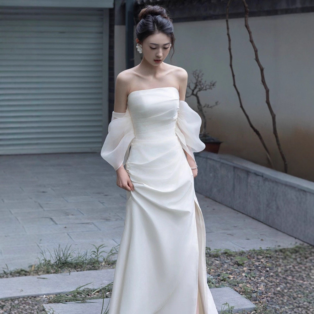 オフショルダー 白黒 サテン ウェディングドレス シンプル 結婚式 花嫁 パーティー 演奏会 二次会 前撮り HL261