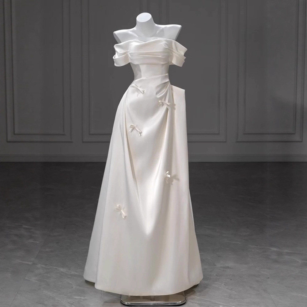 オフショルダー 白 サテン リボン ウェディングドレス シンプル 花嫁 パーティー 演奏会 二次会 前撮り HL262