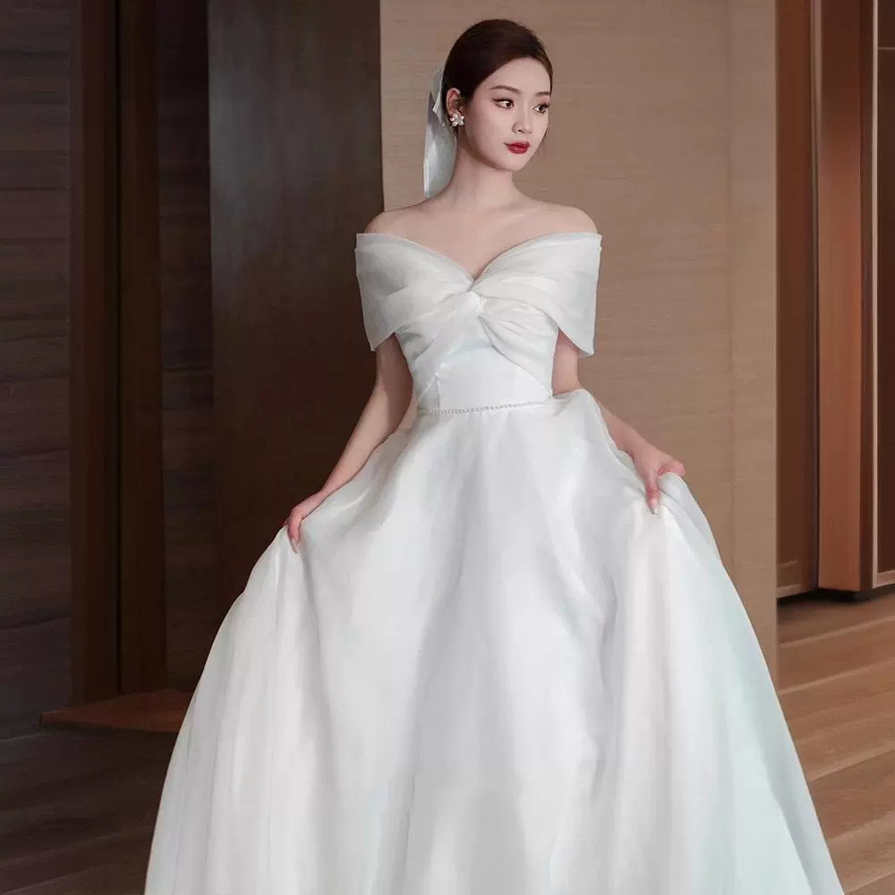 オフショルダー 白黒 ウェディングドレス シンプル 韓国風 結婚式 花嫁 パーティー 演奏会 二次会 前撮り HL264