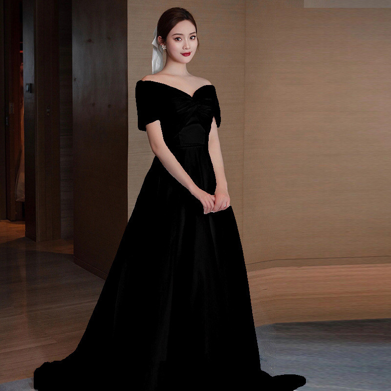 オフショルダー 白黒 ウェディングドレス シンプル 韓国風 結婚式 花嫁 パーティー 演奏会 二次会 前撮り HL264