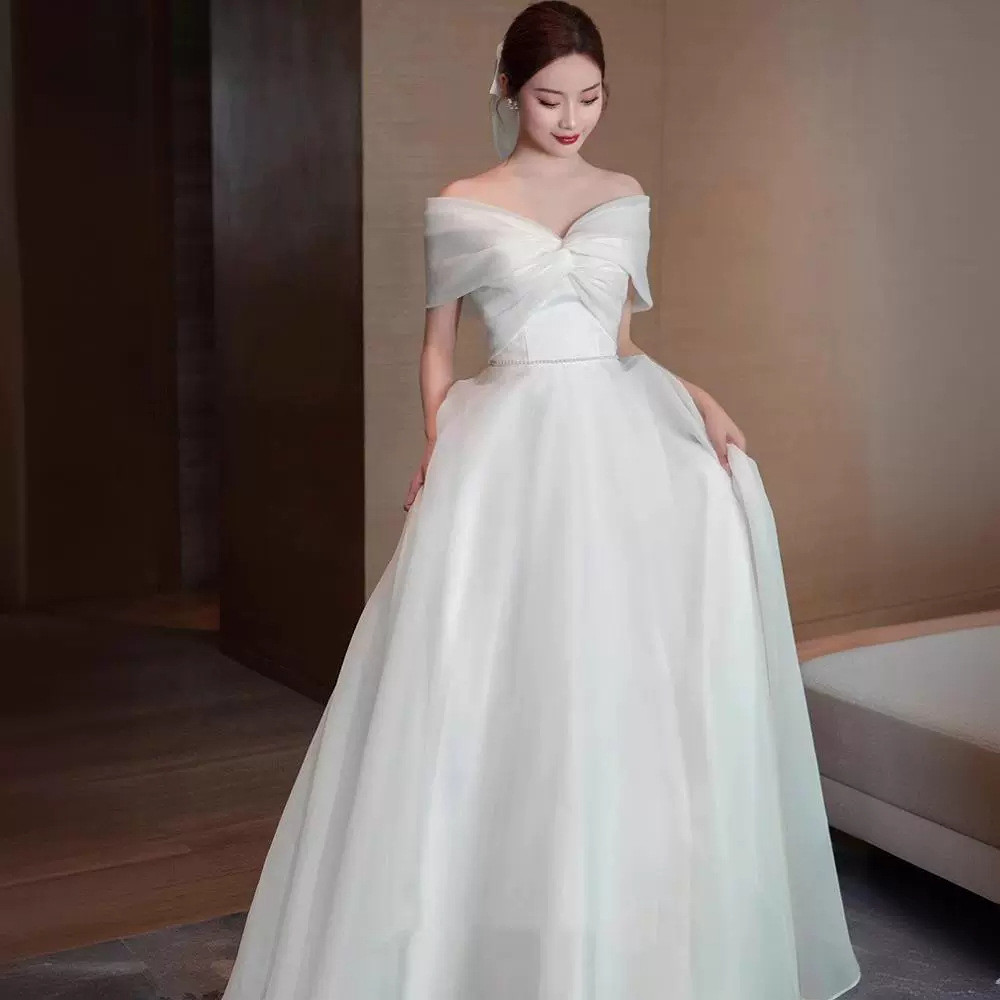 オフショルダー 白黒 ウェディングドレス シンプル 韓国風 結婚式 花嫁 パーティー 演奏会 二次会 前撮り HL264