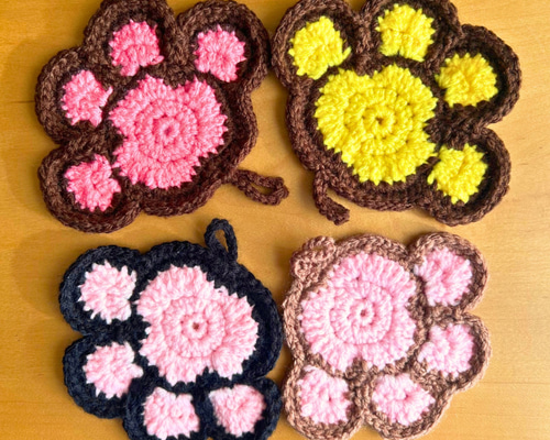 肉球 アクリルたわし 4個セット エコたわし かぎ針編み コースター