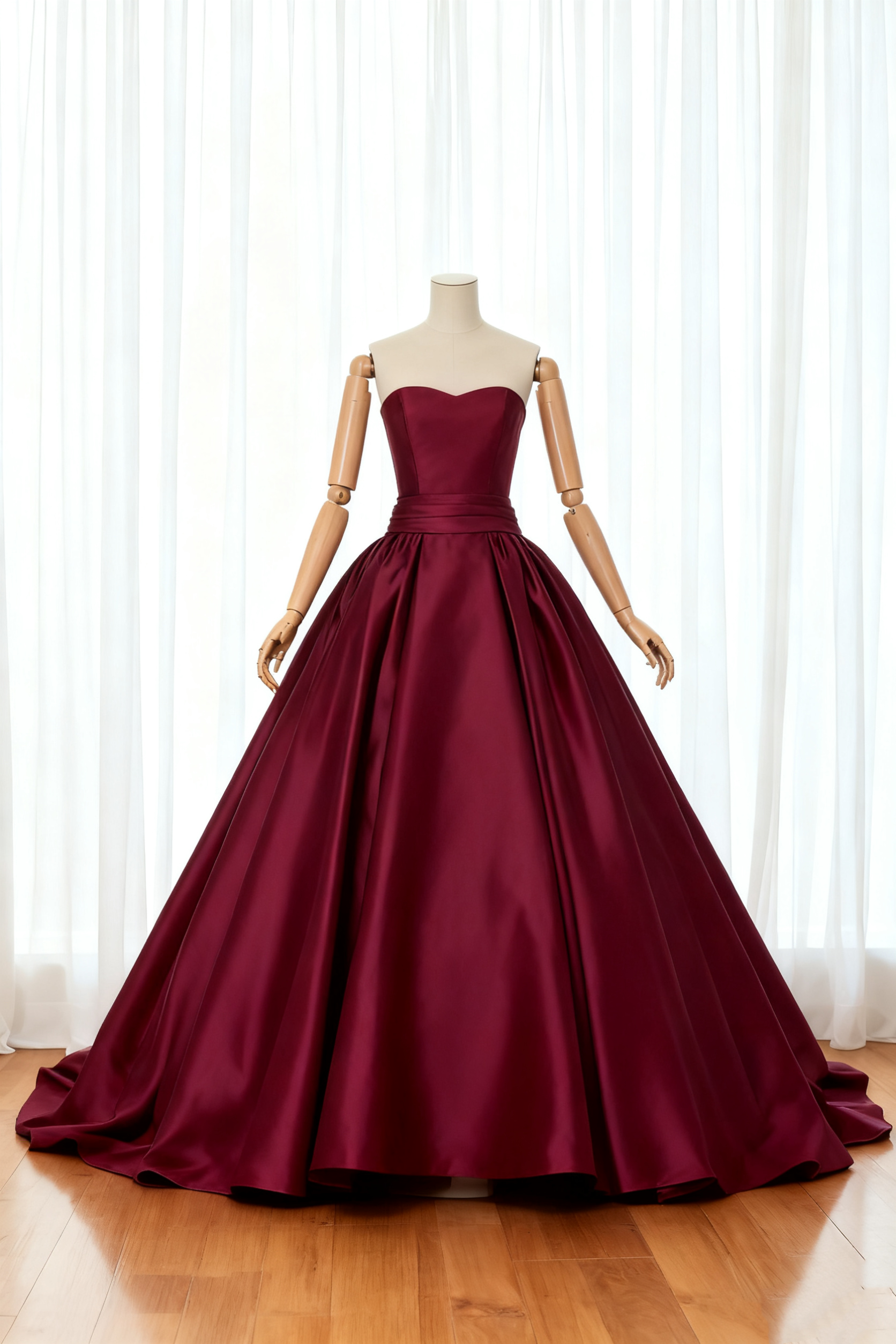 送料無料！カラードレス ボルドー色 ベアトップ 光沢サテン Aライン エレガント アンティークなドレス 披露宴