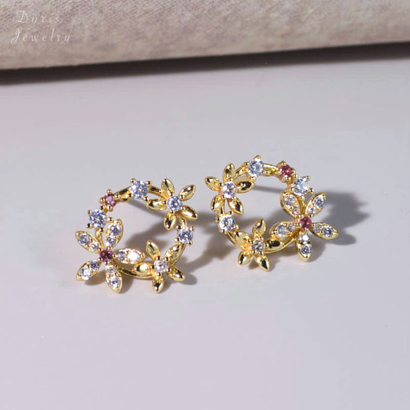 『風に舞う花』 トルマリンとフラワー　ピアス　ゴールド　sv925 ネコポス送料無料 1枚目の画像