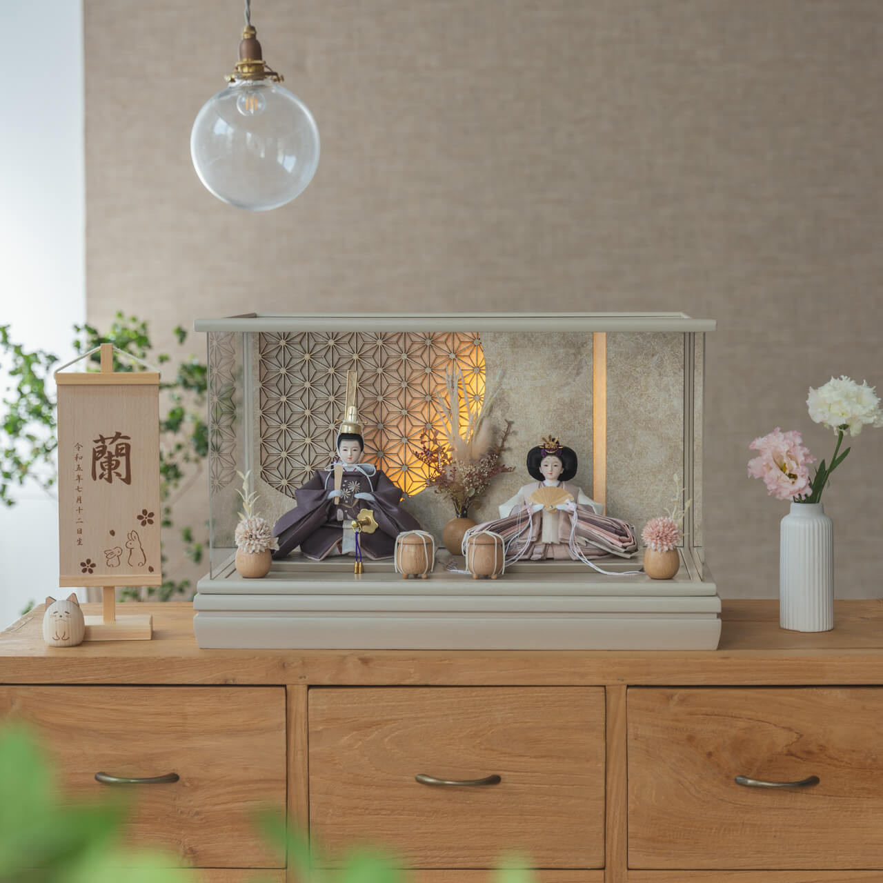ことのひな人形｜すず｜和ケース｜LED円麻の葉｜銀モカM立花P（3b-0117）｜コンパクトな雛人形｜ひな祭り｜雛人形