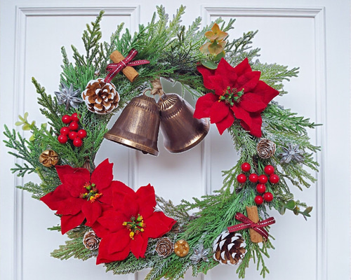 クリスマスリース✨ベル付き✨フラワーリース大✨造花 早割クリスマス2024/ベルが鳴る！！大きなリボンのクリスマスリース