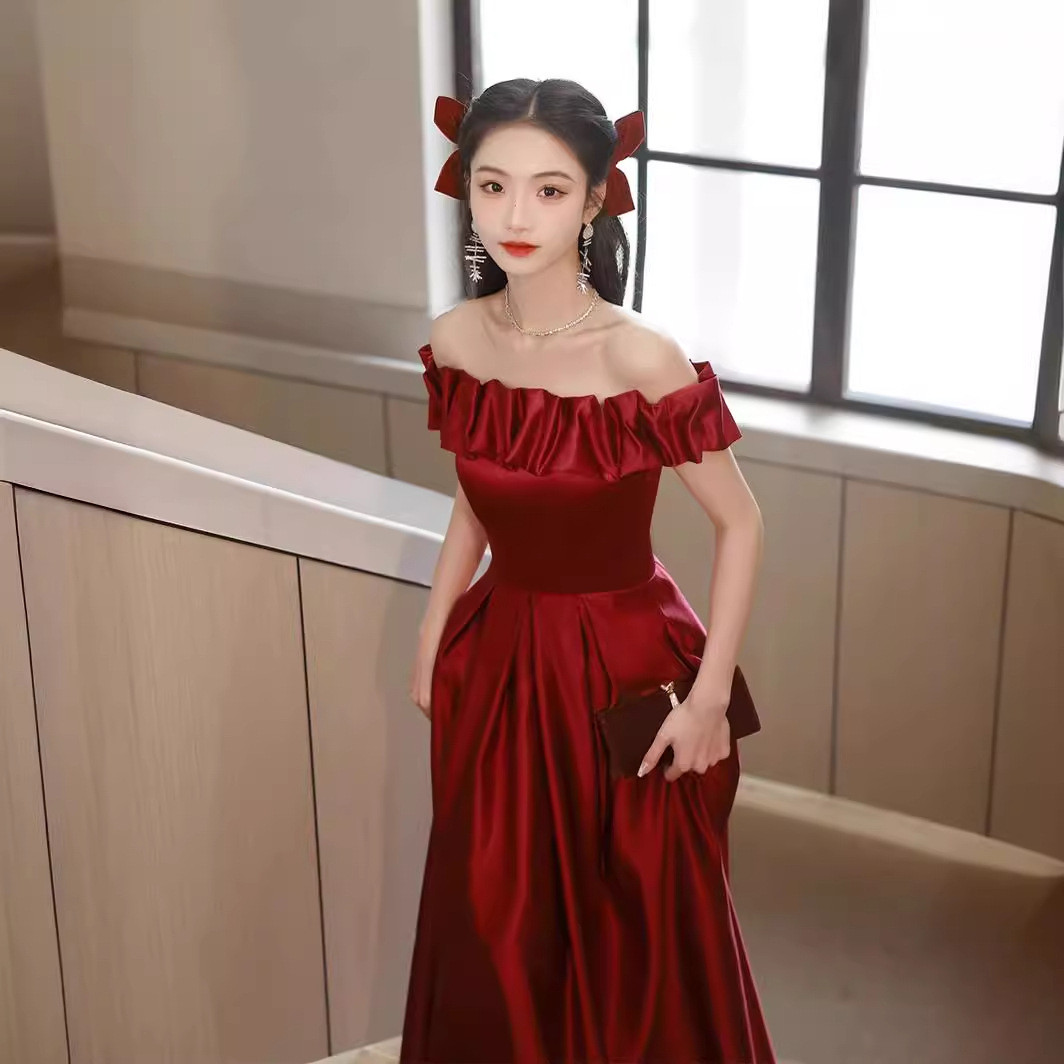 オフショルダー 赤 白 黒 ウェディングドレス シンプル 韓国風 結婚式 パーティー 演奏会 二次会 前撮り HL273