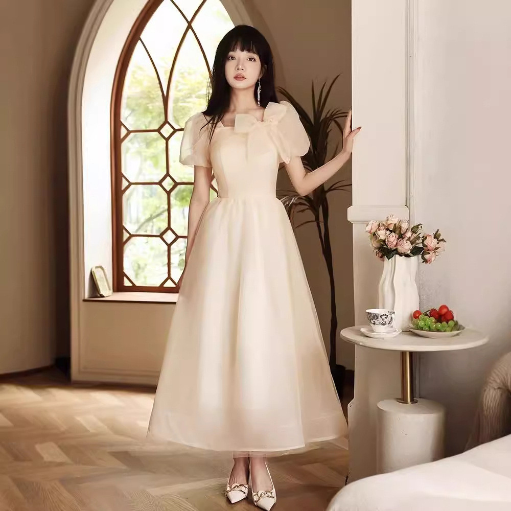 半袖 シャンパン色 白 黒 薄青 パーティードレス シンプル 結婚式 パーティー 演奏会 二次会 前撮り HL275