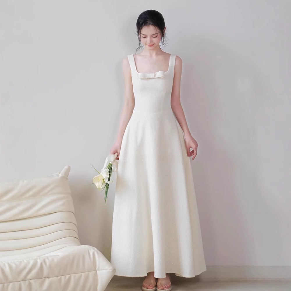 ノースリーブ 白黒 サテン リボン ウェディングドレス シンプル 結婚式 パーティー 演奏会 二次会 前撮り HL276