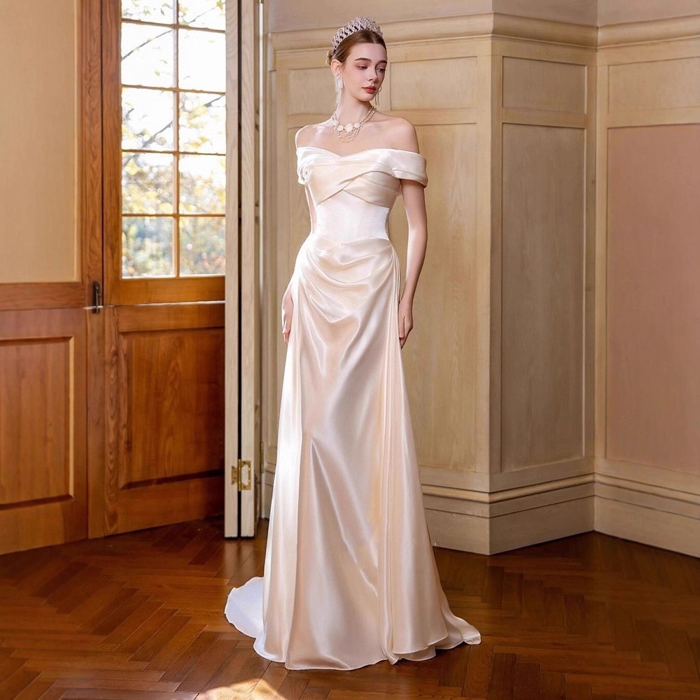 オフショルダー 白黒 サテン ウェディングドレス シンプル 結婚式 花嫁 パーティー 演奏会 二次会 前撮り HL279 7,820円