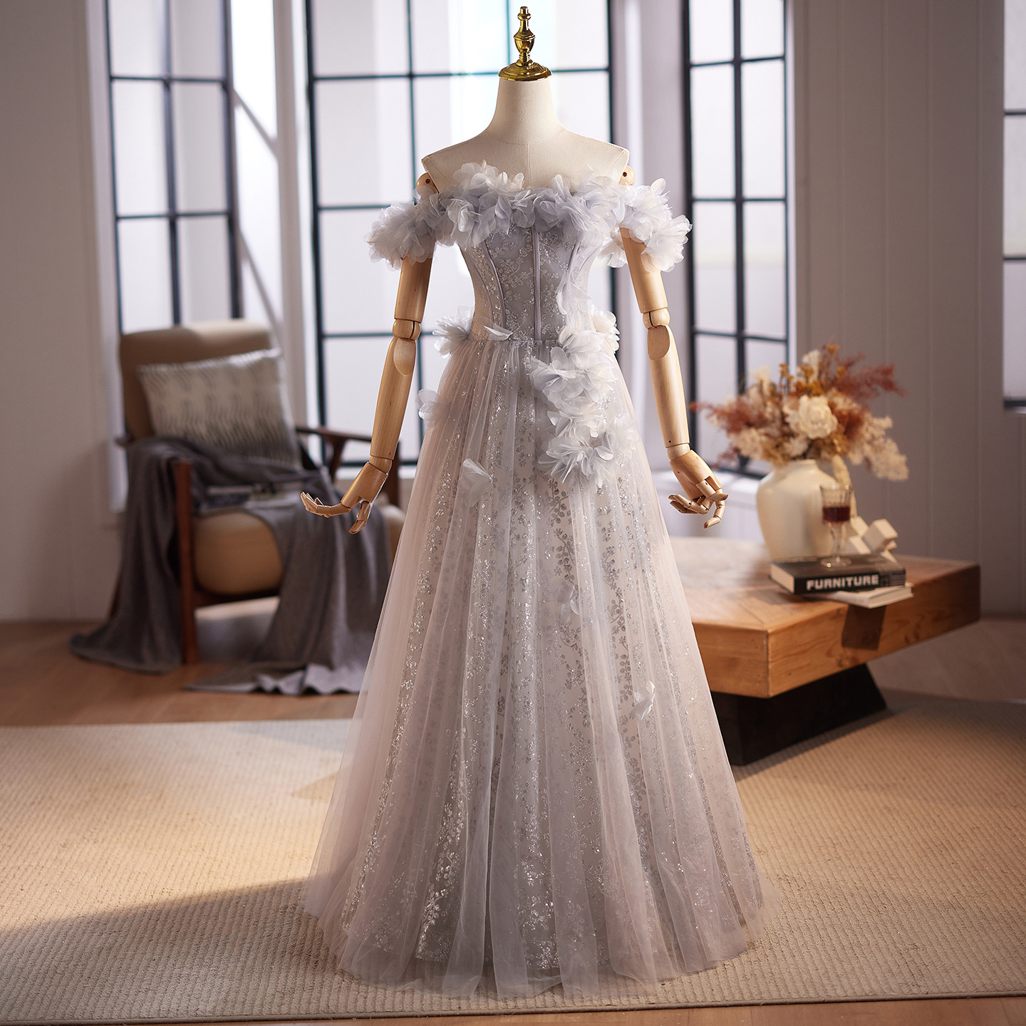 高級感 グレー 花 スパンコール ウェディングドレス 花嫁 パーティー 演奏会 二次会 前撮り 披露宴 09072