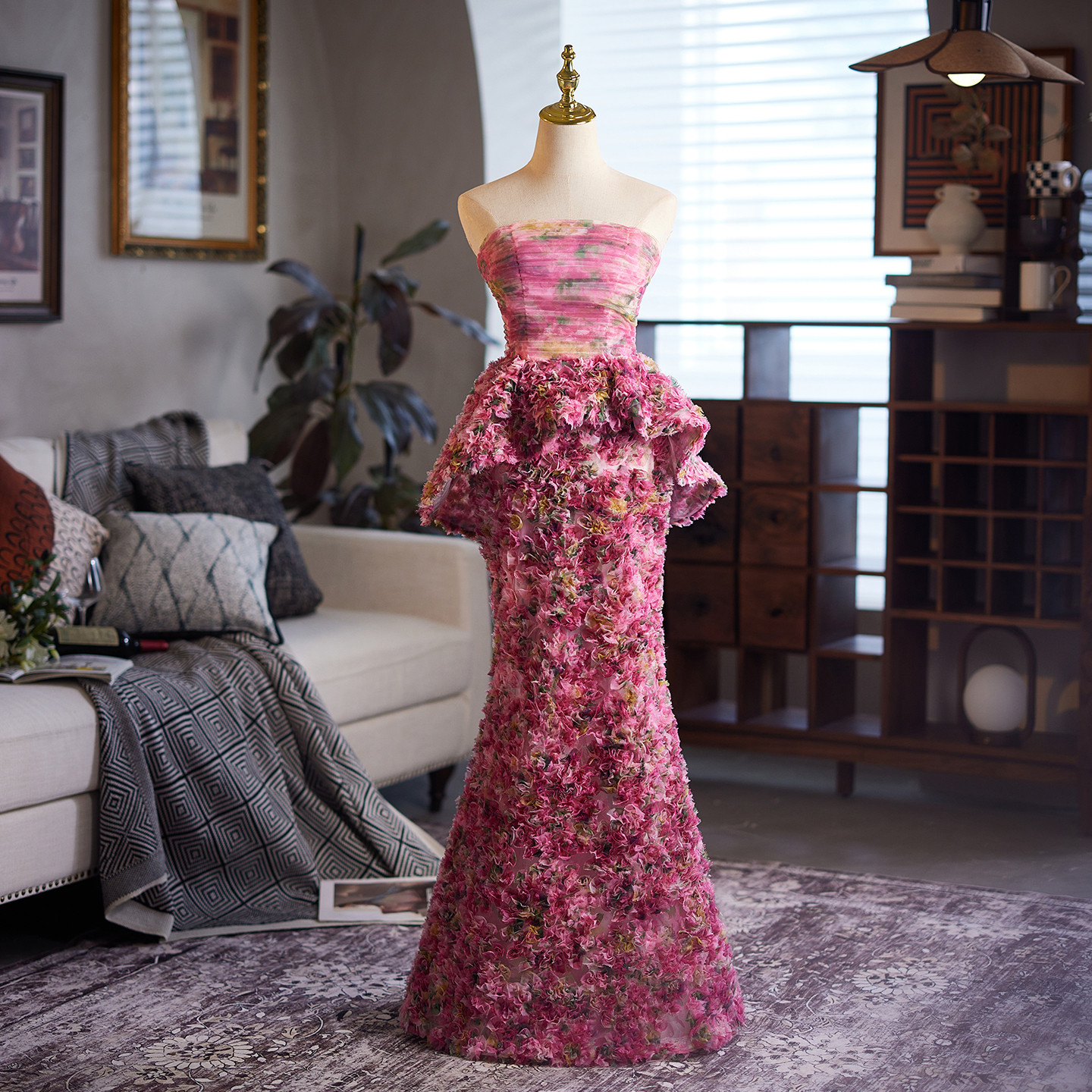 高級感 ピンク ノースリーブ 立体花 マーメイドドレス 花嫁 パーティー 演奏会 二次会 前撮り 披露宴 09074