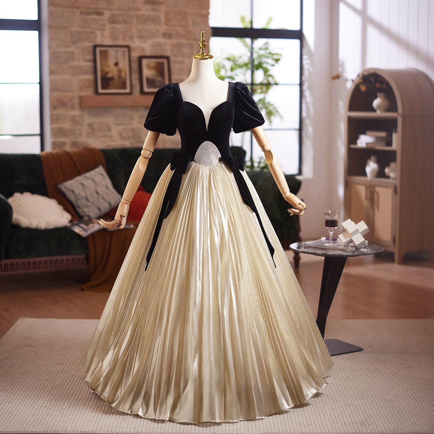 高級感 黒 半袖 リボン パーティードレス 花嫁 パーティー 演奏会 二次会 前撮り 披露宴 090721