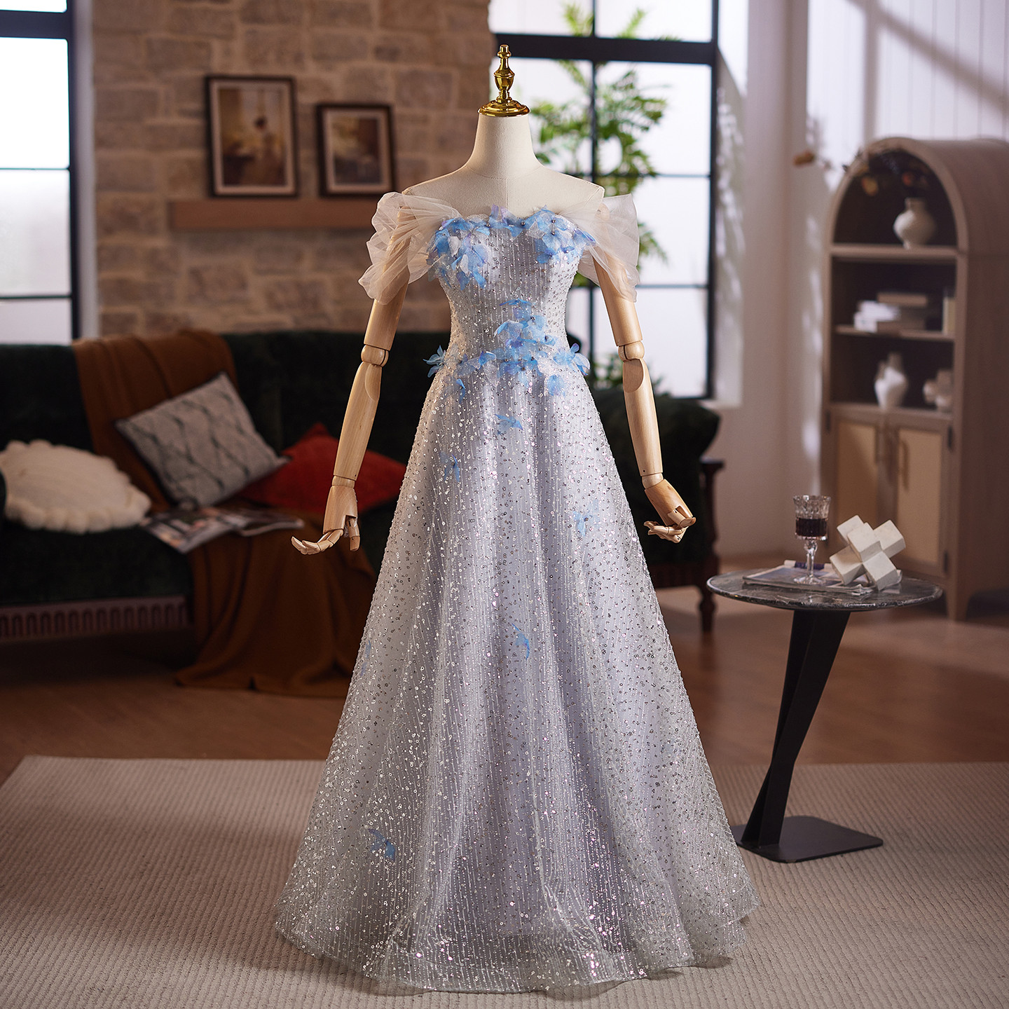 高級感 グレー スパンコール 花 パーティードレス 花嫁 パーティー 演奏会 二次会 前撮り 披露宴 09071