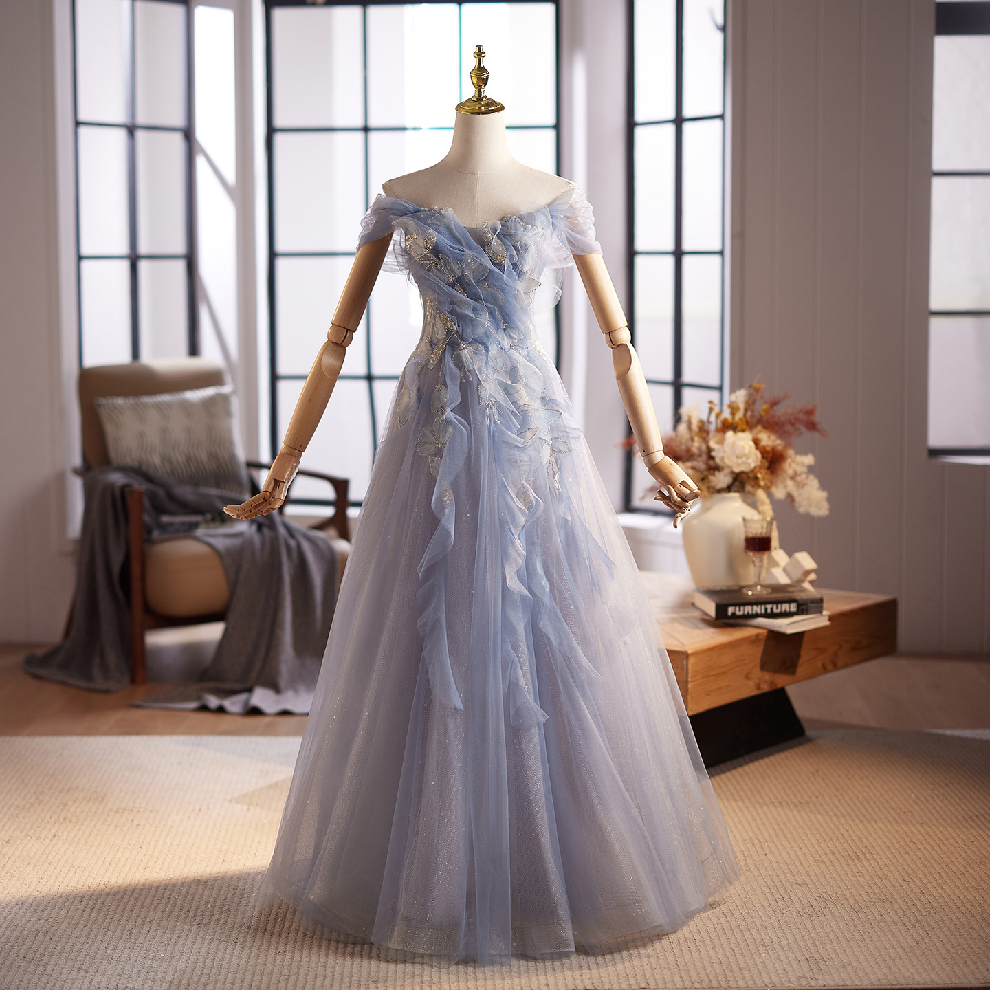 綺麗 オフショルダー 青 スパンコール パーティードレス 花嫁 パーティー 演奏会 二次会 前撮り 披露宴 09070