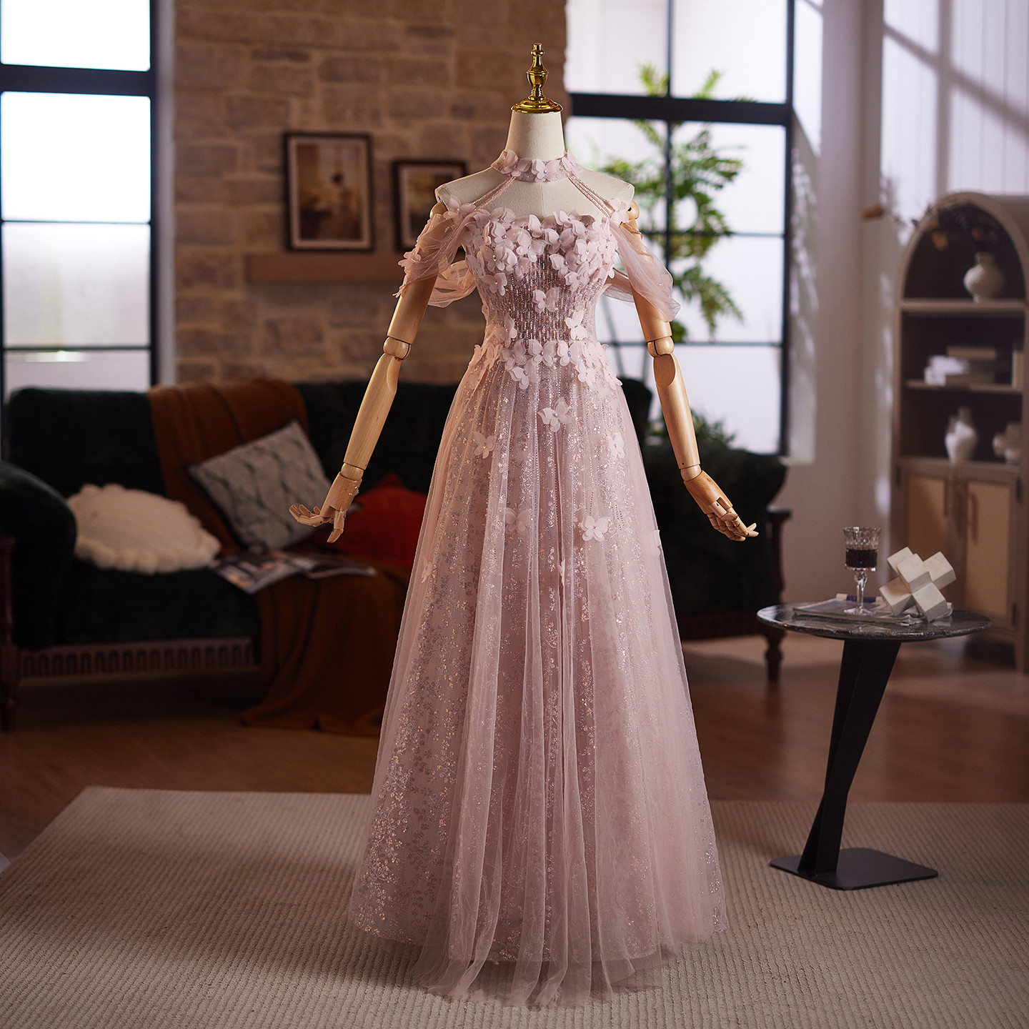 綺麗 ピンク 花 ちょう スパンコール パーティードレス 花嫁 パーティー 演奏会 二次会 前撮り 披露宴 09069