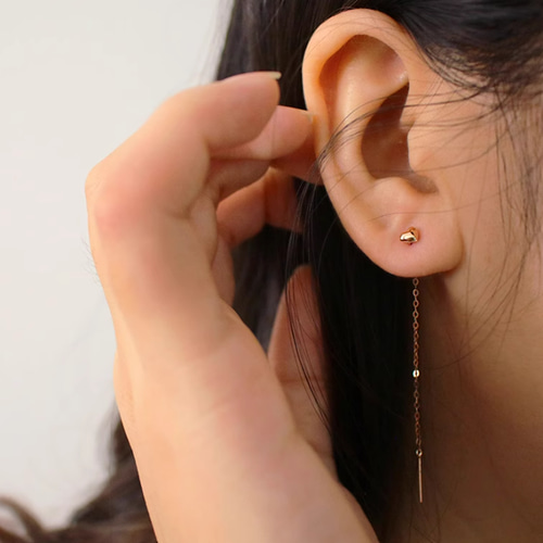 K18（両耳）K18YG チェーンピアスミニボール&ハート長さ3㎝～8