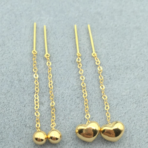K18（両耳）K18YG チェーンピアスミニボール&ハート長さ3㎝～8