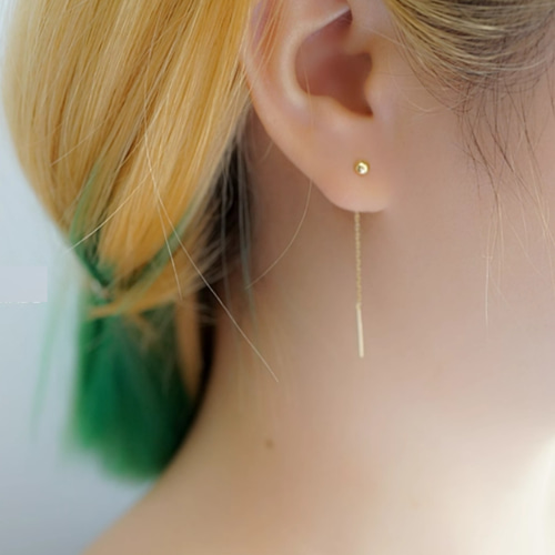 K18（両耳）K18YG チェーンピアスミニボール&ハート長さ3㎝～8