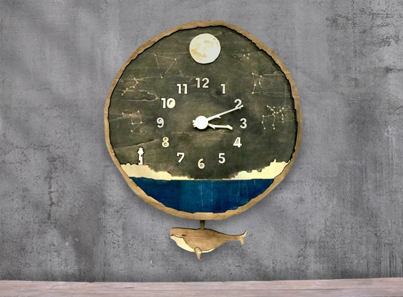 受注製作品】星座に届く クジラの歌声 時計 木製 振り子時計 掛け時計