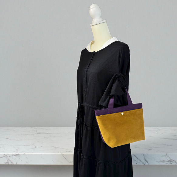 【新作】バイカラー/コーデュロイ×帆布/前ポケット付き/トートバッグ【ダークパープル×オーカ】 3枚目の画像