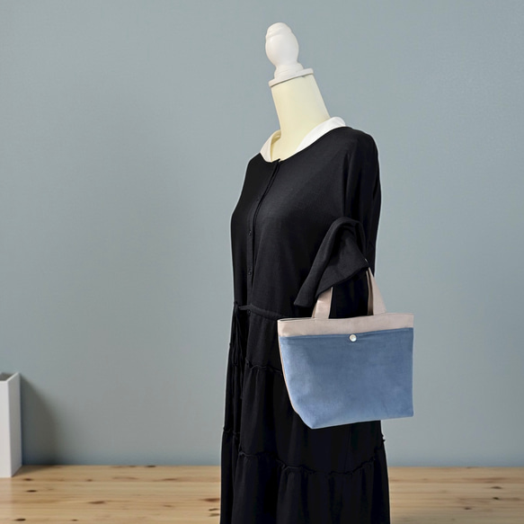 バイカラー/コーデュロイ ×帆布/前ポケット付き/トートバッグ【くすみモカ×ブルーグレー】 3枚目の画像