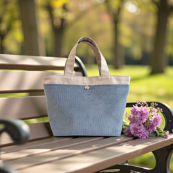 バイカラー/コーデュロイ ×帆布/前ポケット付き/トートバッグ【くすみモカ×ブルーグレー】 4枚目の画像