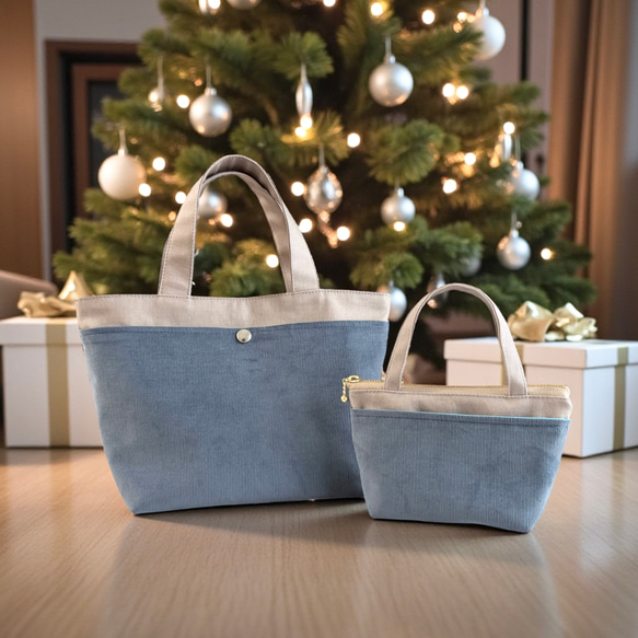 【Creema限定クリスマス】バイカラー/コーデュロイ×帆布/前ポケット付き/トートバッグ＆ポーチ【7色展開】 1枚目の画像