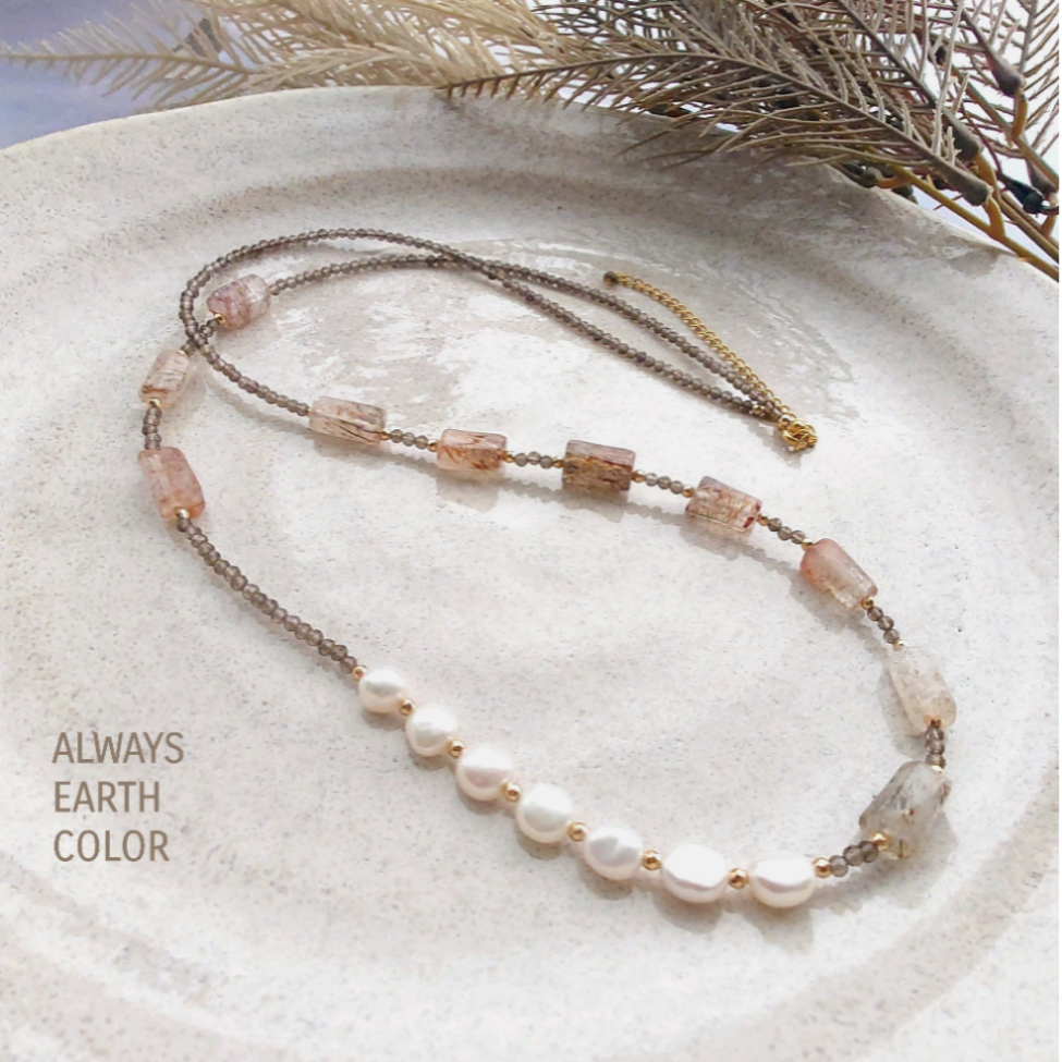 コッパールチルクォーツのアシンメトリーネックレス♡淡水パール＆スモーキークォーツで秋冬ニットにサラリとつけて大人可愛い♪