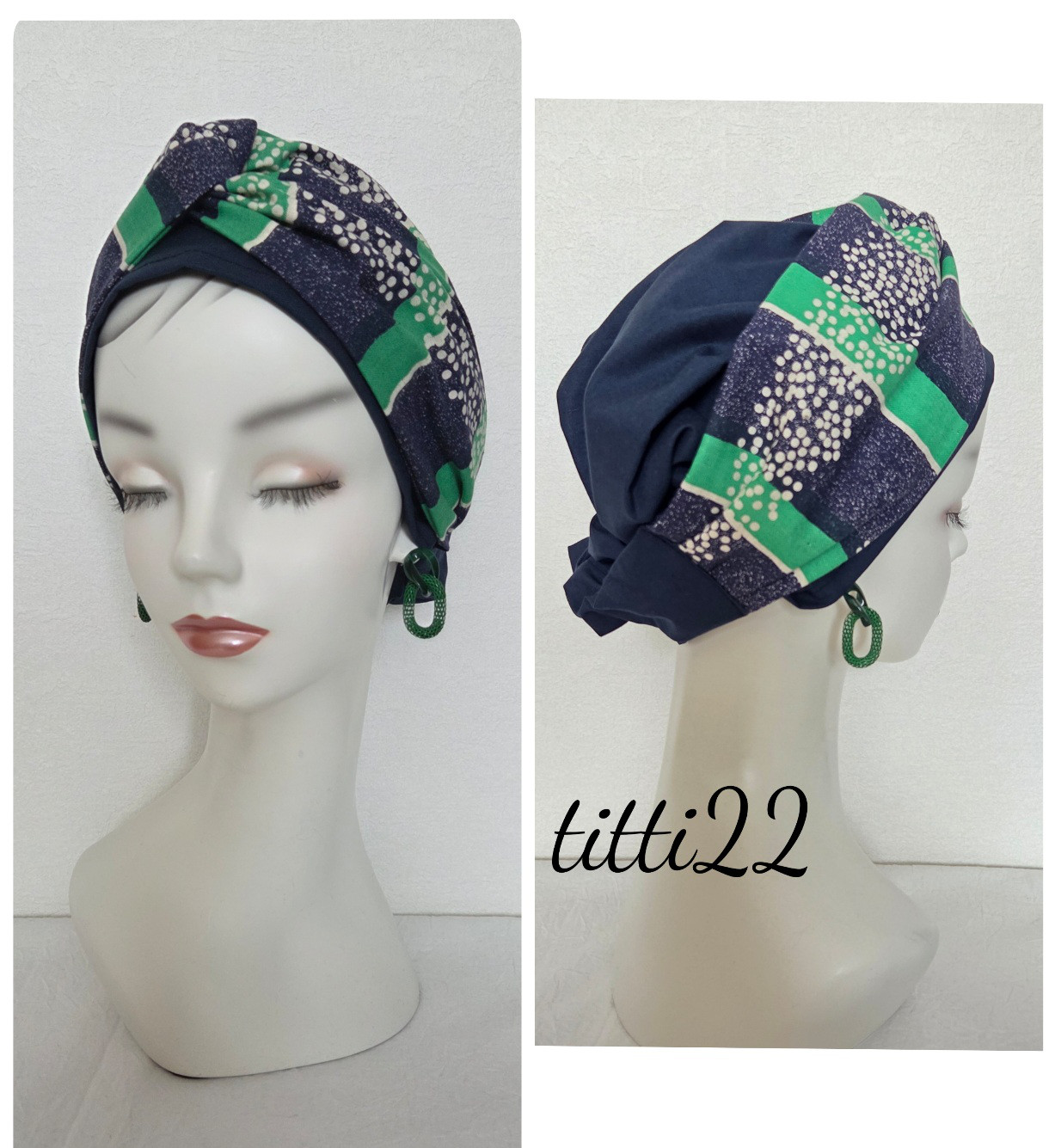 new【グリーンストライプドット】帽子にもなるヘアターバン