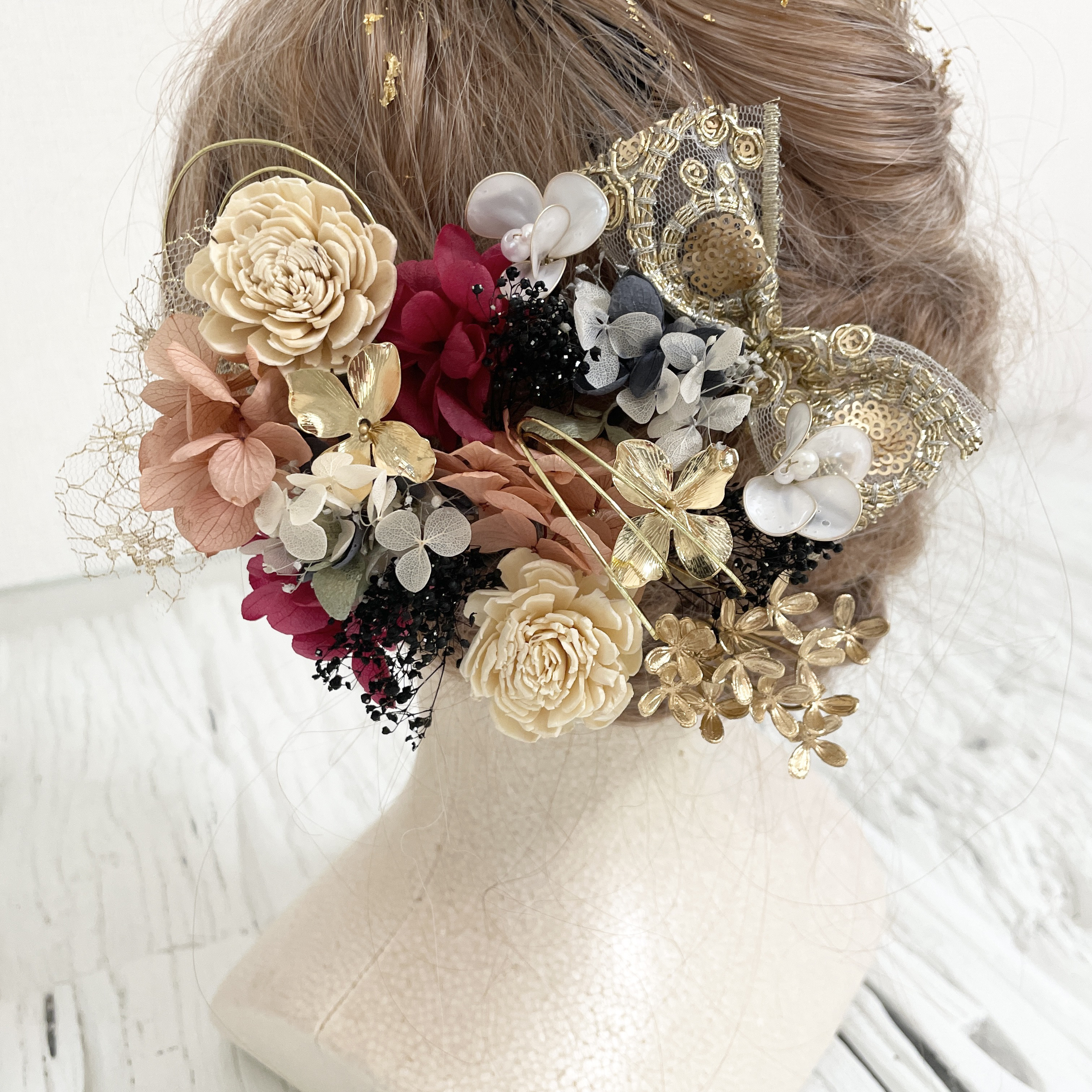 和装髪飾り　ヘッドドレス　水引×金箔ゴールド　ホワイト　ブラック　赤