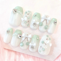 No.100 オーダー♡ チェリー さくらんぼ リボン ジェル ネイル チップ