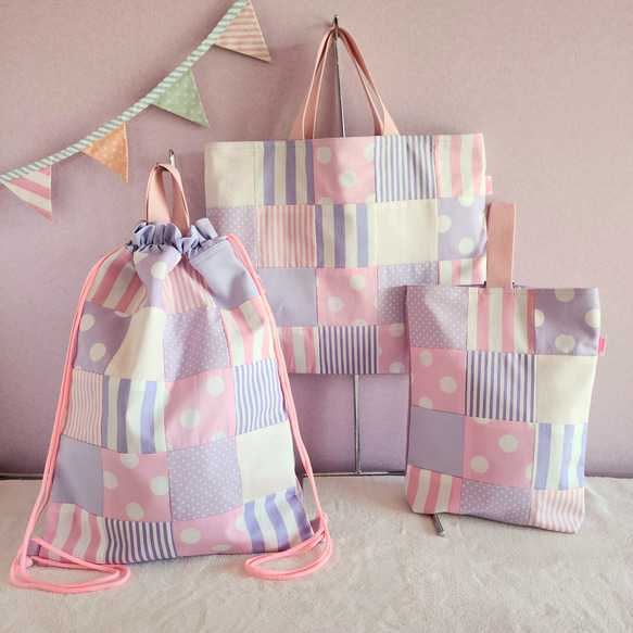 【三件套裝】拼布包 ● 書包 ● 鞋盒 ● 雙肩包 紫色【尺寸可調】 第1張的照片