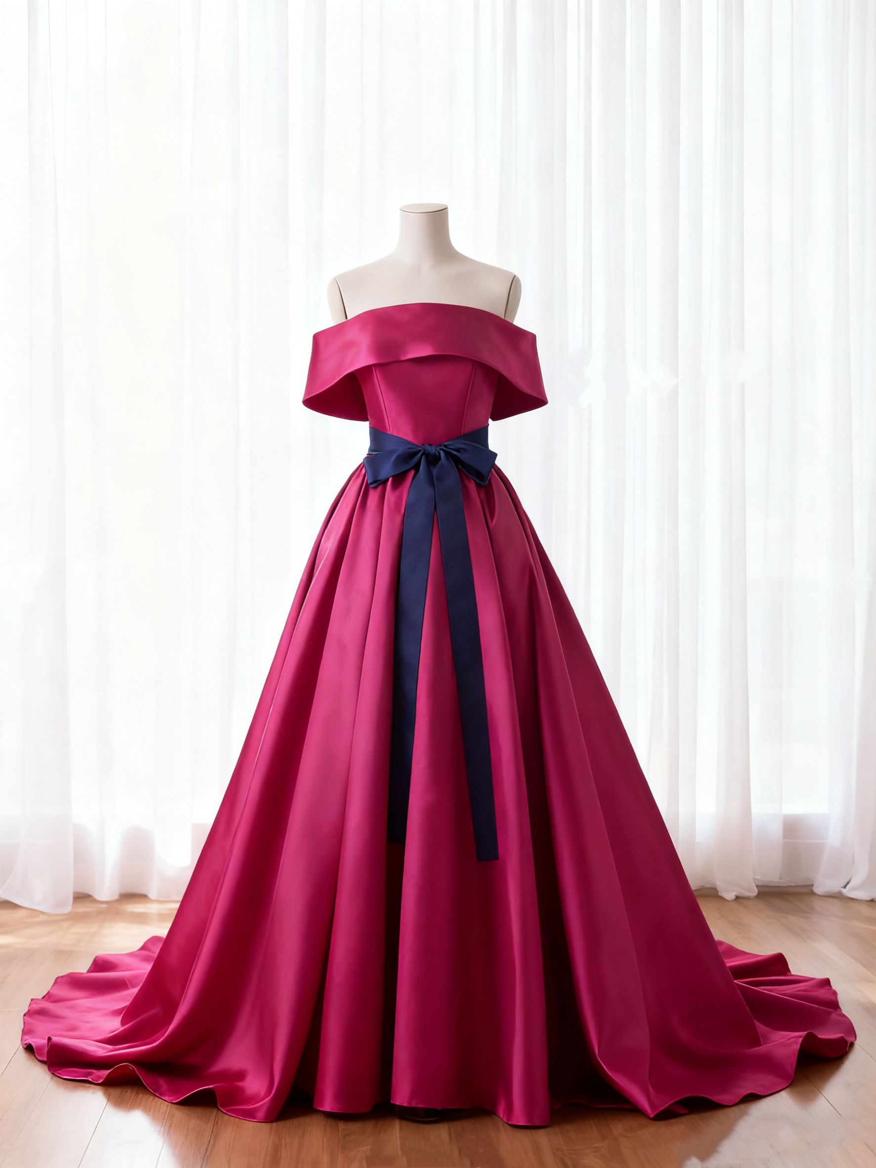 送料無料！カラードレス ビビッドピンク オフショルダー サッシュベルト  光沢サテン 結婚式 前撮り