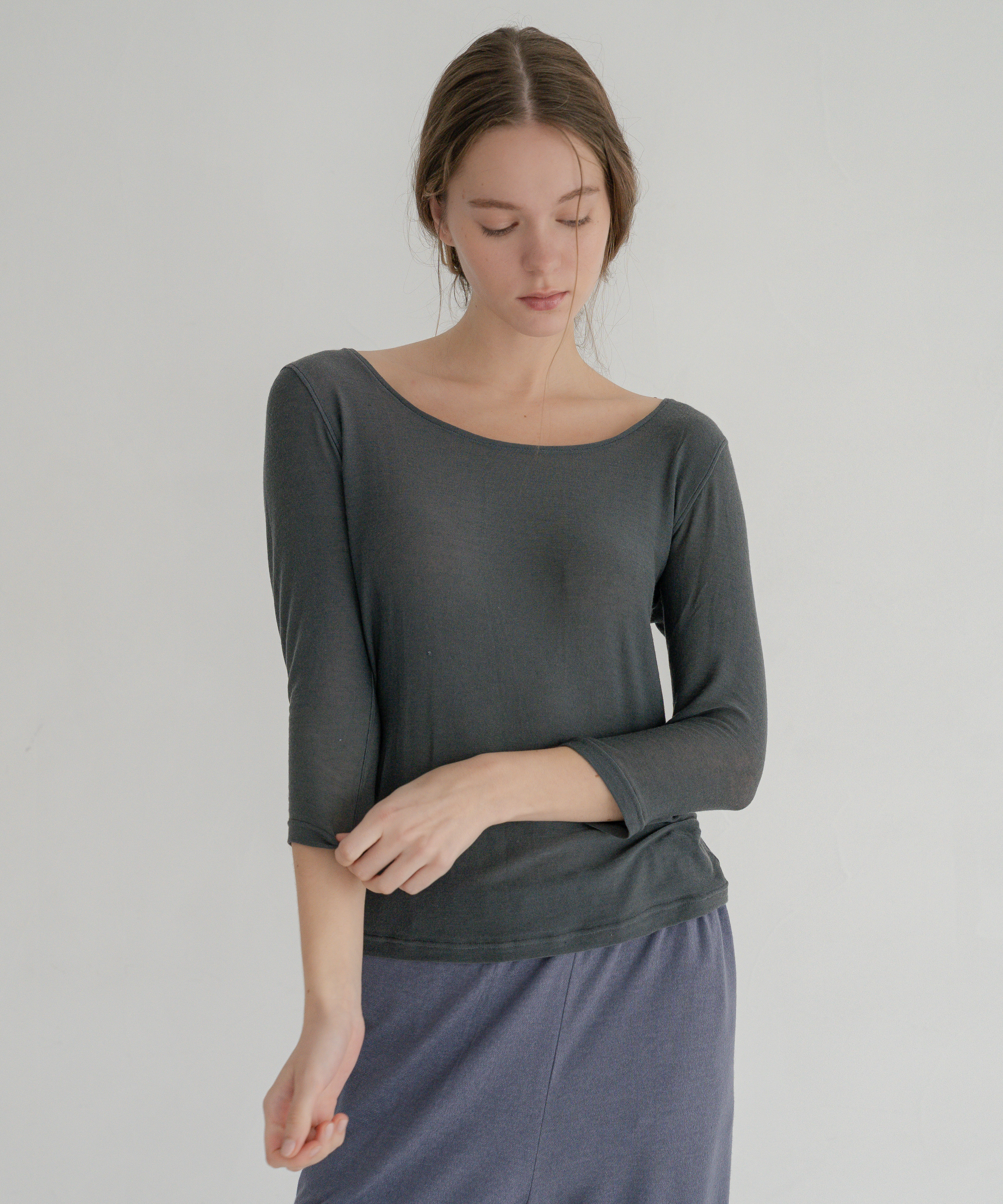 【洗える/柔らかマシュマロ素材/草木染め】マシュマロ七分袖インナー　ログウッドマリーゴールドチャコールグレー