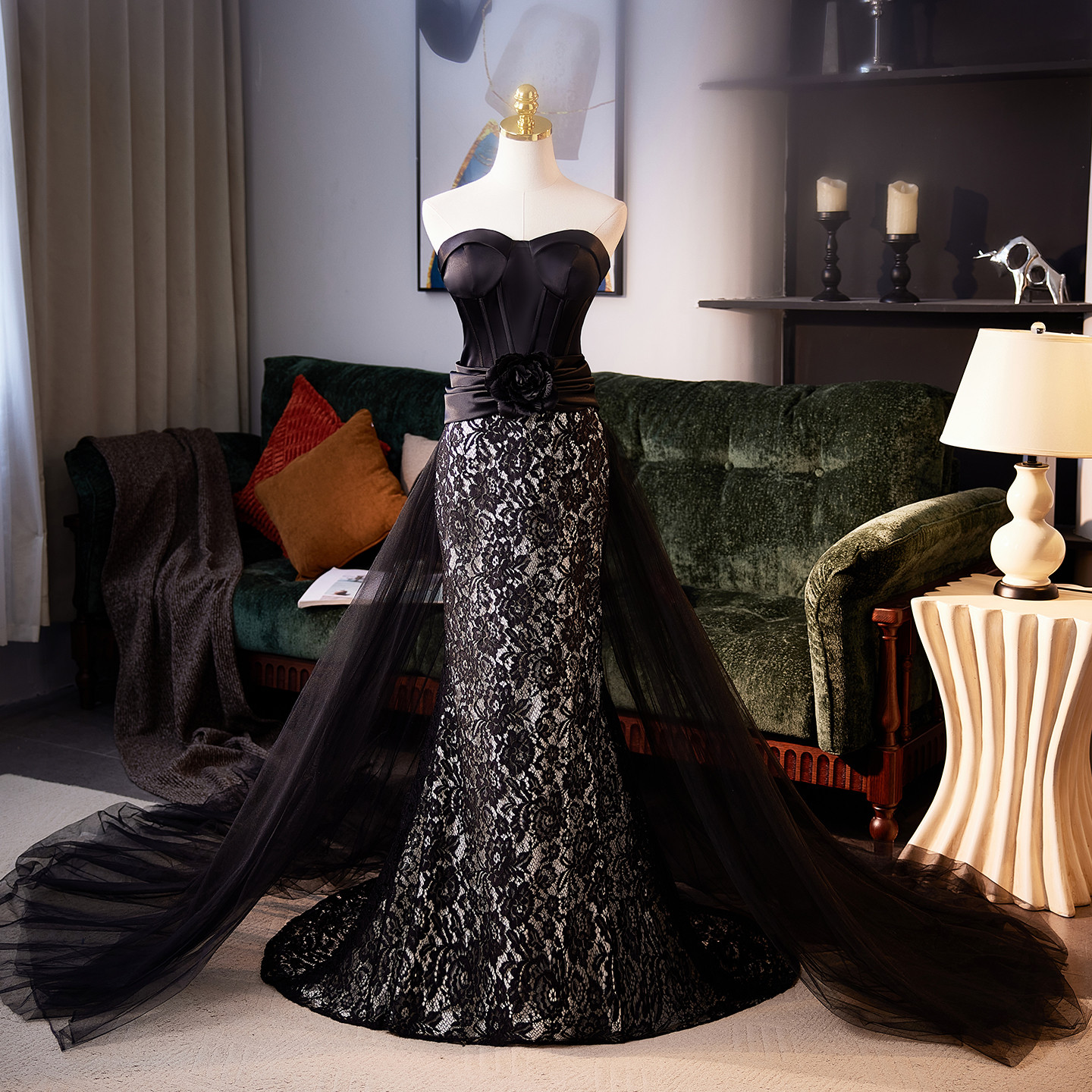 綺麗 黒 オフショルダー 花 裾引き マーメイドドレス パーティー 結婚式 演奏会 二次会 前撮り 披露宴 09064